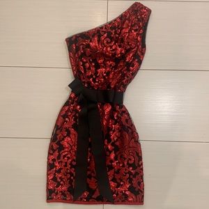 Tadashi Shoji Single-Shoulder Red-Sequined Dress